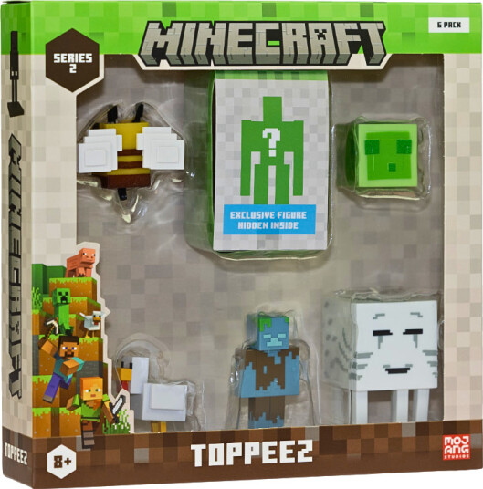Minecraft Figur – S2 Toppeez 6 stk 6 cm – Bee, Slime, Chicken, Drowned, Happy Ghast og Overraskelse