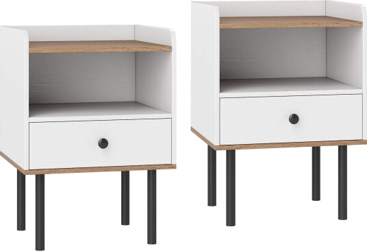 Hvitt nattbordsett med skuff og åpen hylle – moderne design