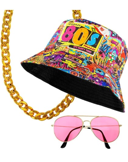 80 talls Party Kit – Bucket hatt Gullkjede og Rosa Solbriller