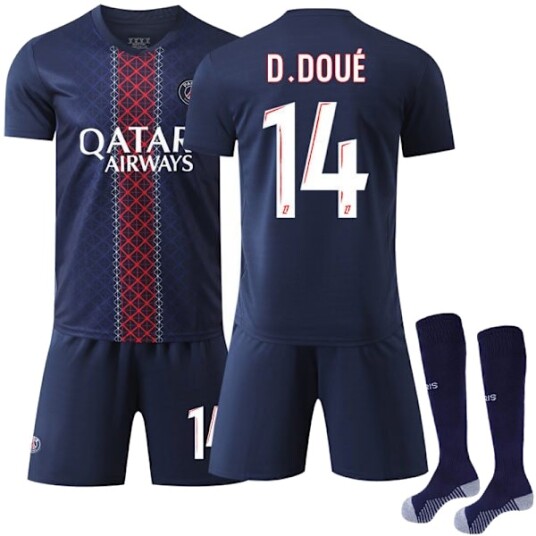 2026 Paris Saint-Germain F.C. Hjemme NO.14 D.Doué Drakter Sett Barn Voksen Fotballutstyr med Sokker