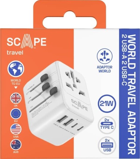 Scape Travel Reisetilbehør universell reiseadapter 2x USB-A 2x USB-C (hvit)