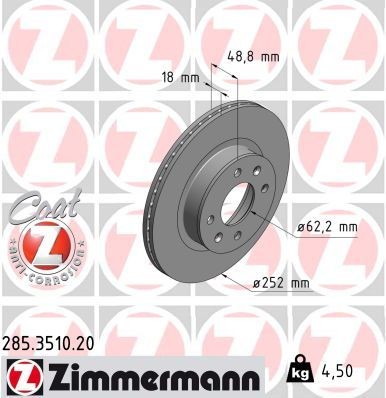 Bremseskive ZIMMERMANN 285.3510.20 Bremseskive ZIMMERMANN 285.3510.20