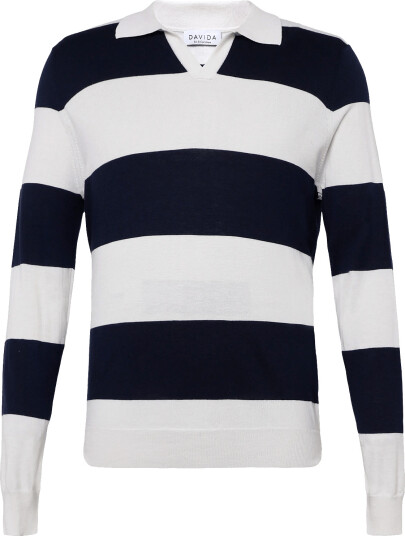 Davida Cashmere Man Fine Knit Open Collar Striped White L Davida Cashmere Man Fine Knit Open Collar Striped White L