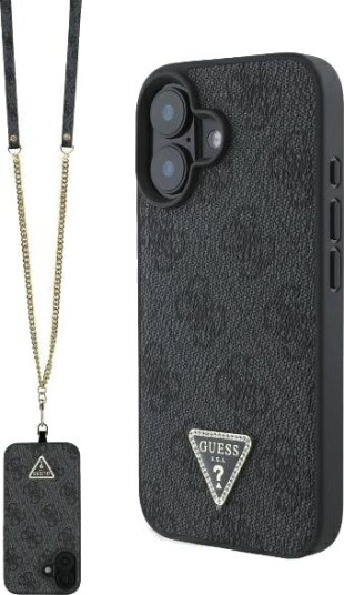 Guess iPhone 16 Crossbody Deksel med Strass og Metallogo - Svart