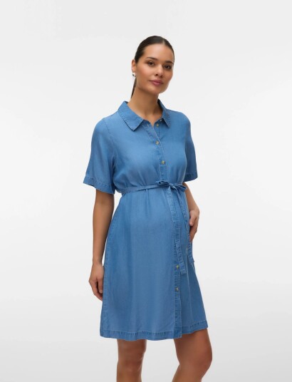 Vero Moda Maternity Vmmbree Ss Short Tencel Shirt Dress   Blue   S
