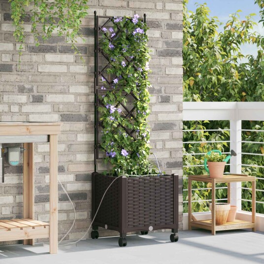vidaXL Hageplantekasse med vanning og hjul Brun 40 x 40 x 148 cm PP