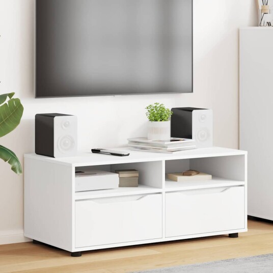 TV skap med skuff Hvit 100 x 48 x 43 cm Konstruert tre TV skap med skuff Hvit 100 x 48 x 43 cm Konstruert tre