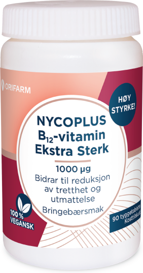 Nycoplus B12-Vitamin Ekstra Sterk 1000 µg tyggetabletter 90 stk. Nycoplus B12-Vitamin Ekstra Sterk 1000 µg tyggetabletter 90 stk.