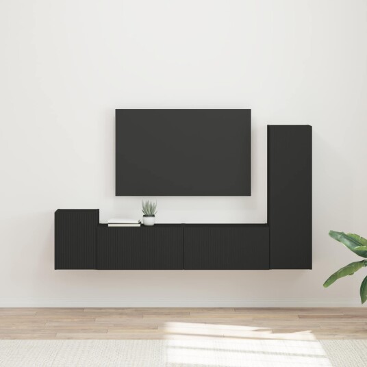  TV benksett Veggmontert 4 pcs Svart Konstruert tre