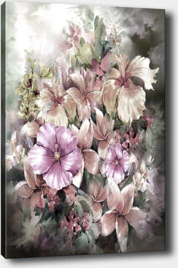 Lerretsbilde 70x100 cm Vakker blomsterbukett i myke pastellfarger Lilla / Rosa / Grønn