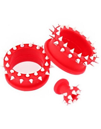 Rød Piercing Tunnel med Hvite SpikeStrl 6 mm