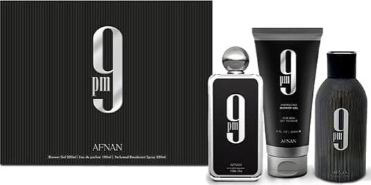 Afnan 9 PM Gavesett Parfyme 100 ml med Dusjsåpe 200 ml og Deospray 250 ml for Menn