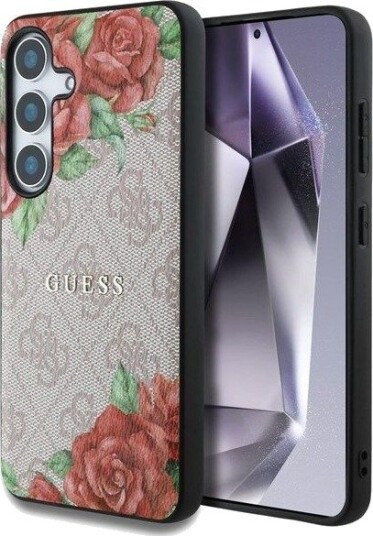 GUESS Leather 4G Flowers Print Metal Classic Logo MagSafe Case for Samsung Galaxy S25 - Pink