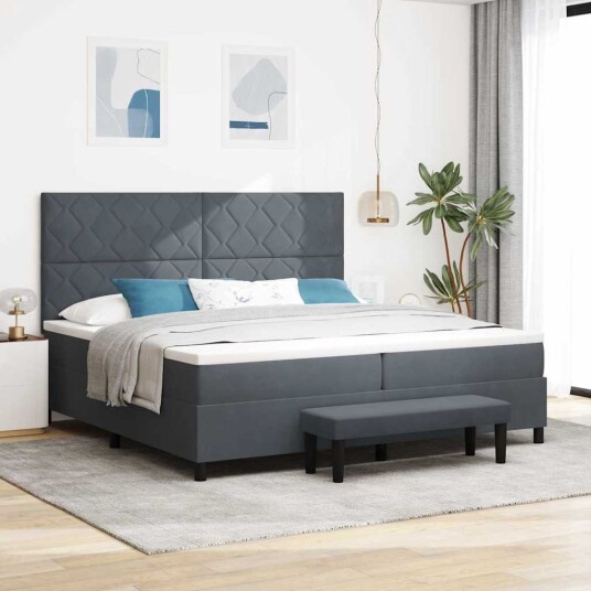 Box Spring Seng med Madrass & Benk Mørk Grå 200x200 cm Fløyel Box Spring Seng med Madrass & Benk Mørk Grå 200x200 cm Fløyel