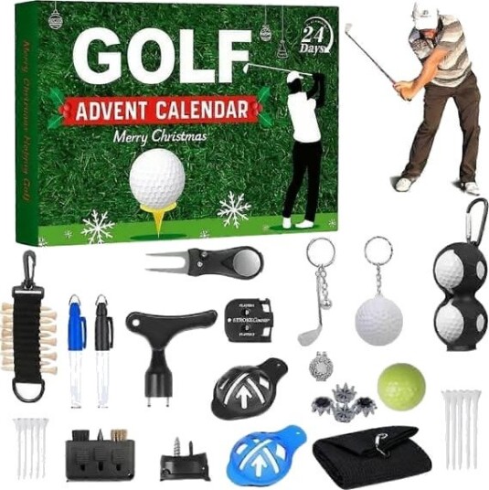 Golf julekalender for julen 2026 24 dagers nedtelling med førsteklasses golfutstyr baller peger og markører for golfentusiaster