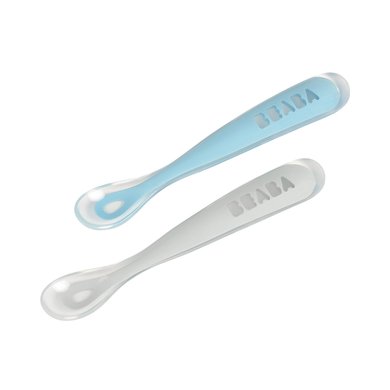 BEABA Sett med 2 silikon babyskjeer med oppbevaringsboks 1. alder blå / grå