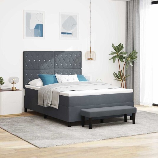  Box Spring Seng med Madrass & Benk Mørkegrå 160x200 cm Fløyel