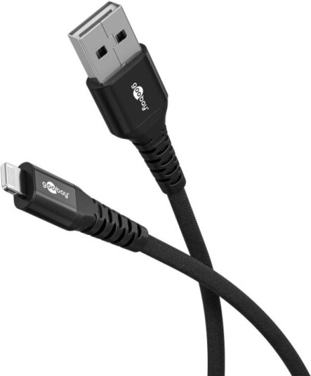 Goobay Lightning-USB-A supermyk tekstilkabel med metallkontakter, 3 m, svart MFi-sertifisert, elegant og ekstra robust lade- og synkroniseringskabel for Apple iPhone/iPad (svart) Goobay Lightning-USB-A supermyk tekstilkabel med metallkontakter, 3 m, svart MFi-sertifisert, elegant og ekstra robust lade- og synkroniseringskabel for Apple iPhone/iPad (svart)