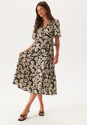 BUBBLEROOM Satin Wrap Dress Black/Patterned M BUBBLEROOM Satin Wrap Dress Black/Patterned M