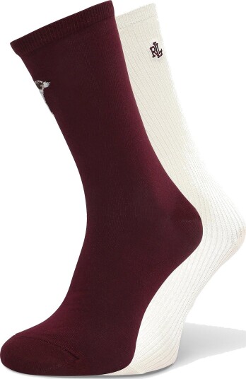 Lauren Ralph Lauren Dog & Logo Cotton Blend Crew Sock 2 Pack   WINE IVORY   38 42