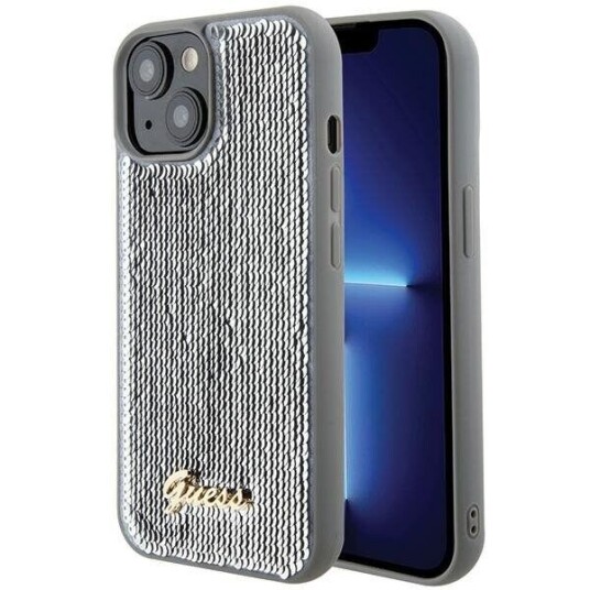 Guess Sølv Sequin Script Mobildeksel for iPhone 15 Guess Sølv Sequin Script Mobildeksel for iPhone 15