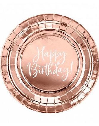 6 stk Rosegullfargede Happy Birthday Papptallerkener 18 cm