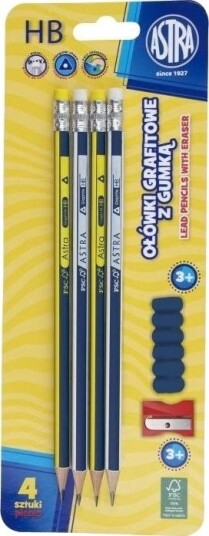 Grafittblyant Med Viskelær 4-Pk + Temp.+ Hette Astra Grafittblyant Med Viskelær 4-Pk + Temp.+ Hette Astra