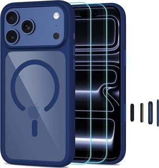 iPhone 17 Pro/18 Pro Tech-Protect MagOne MagSafe CC-deksel med 2 stk. Glass+ Beskyttelsesglass - dypblå / Klar