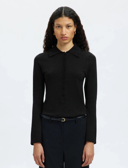 Selected Slflura Ls Slim Knit Collar Neck - Black - XS