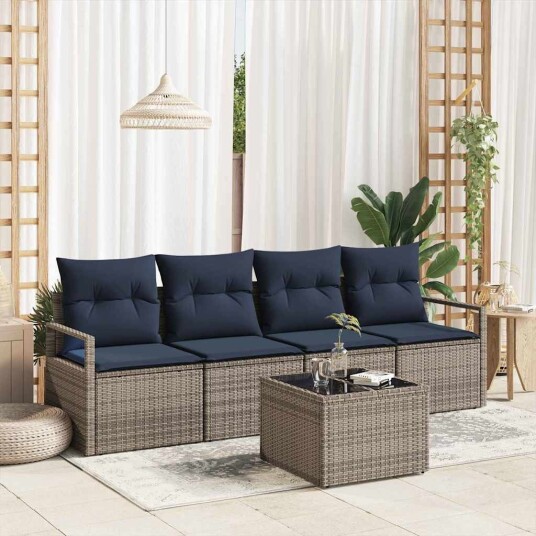 vidaXL Sofa sett 5 pcs Grå og Blå polyrotting
