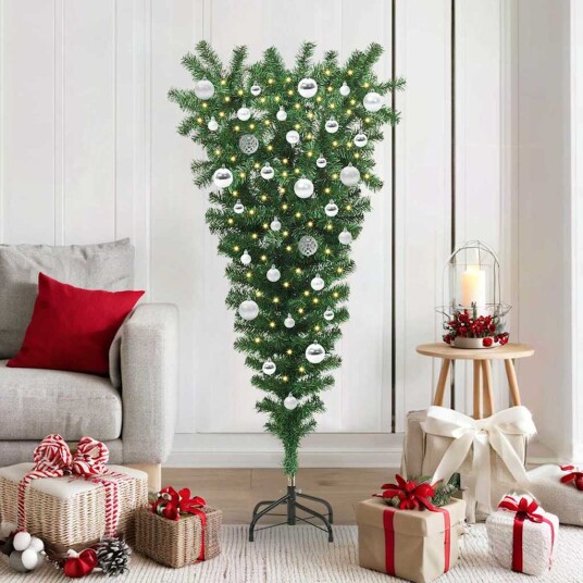 Omvendt kunstig forbelyst juletre med kule sett grønn 150 cm Omvendt kunstig forbelyst juletre med kule sett grønn 150 cm