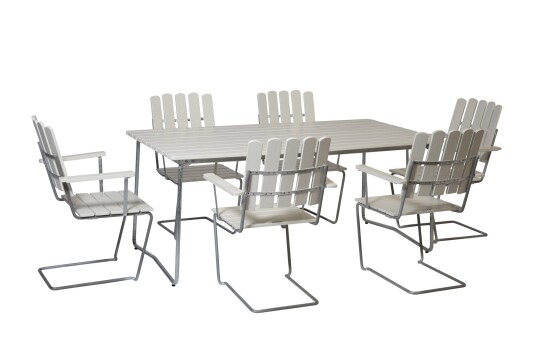 Grythyttan Stålmöbler B31 spisegruppe Hvitlakkert ek/galvanisert stål 6 lenestoler & bord 170 x 92 cm