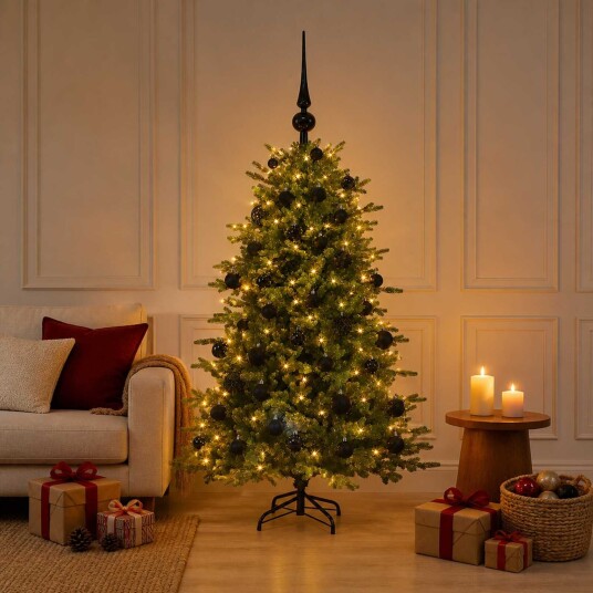 vidaXL Kunstig juletre med julekuler 120 cm 150 LED-lys Varmhvit