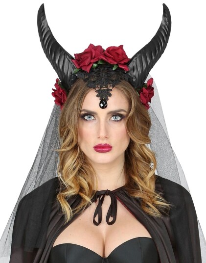 Svarte Demonhorn med Blomster Slør og Smykke