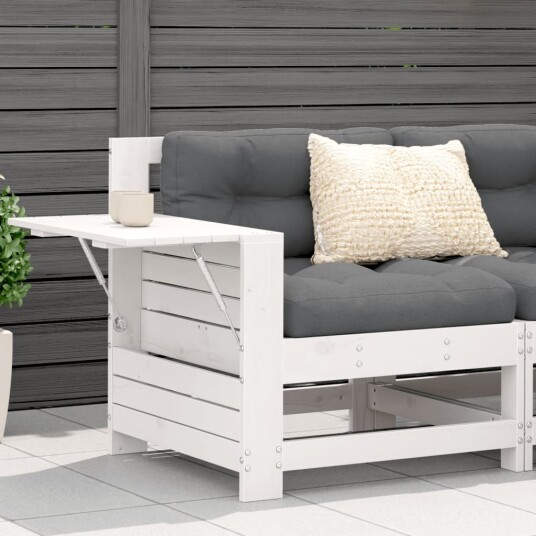 Hagesofa med armlene og sidebord hvit heltre furu 844879