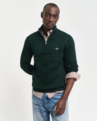 Bomullskabelstrikket genser med half-zip TARTAN GREEN M