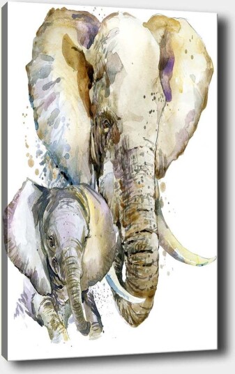 Lerret 70x100 cMaleriet avbilder en stor og en liten elefant i en myk og fargerik akvarellstil Grå / Beige / Lilla
