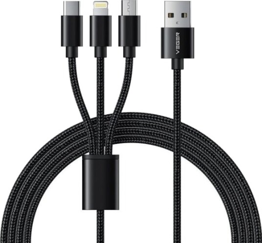 Usb-Kabel Veger Usb-A Til Usb-C + Microusb + Lightning 1,2 M Svart