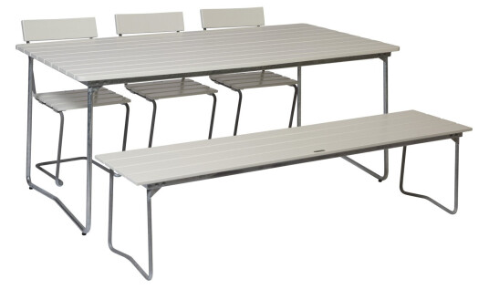 Grythyttan Stålmöbler B31 spisegruppe Hvitlakkert ek/galvanisert stål 3 stoler, benk 170 cm & bord 170 x 92 cm