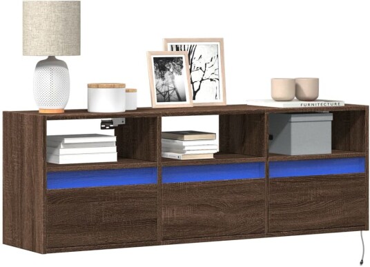Vegghengt TV-benk med LED brun eik 130x31x45 cm
