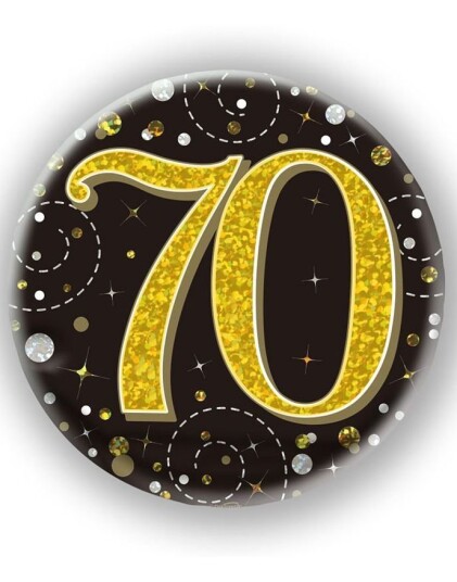 70 års Feiring Svart og Gullfarget Holografisk Stor Button/Badge