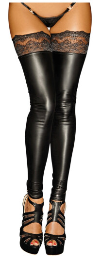Noir Handmade Superstar Powerwetlook Selvsittende Strømper med Blondekant    - Svart - M