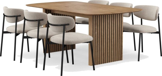 Richeto spisebord 180 cm med 6 Lucy spisestoler - Naturlig finish / Greige bouclé / Metallben svart