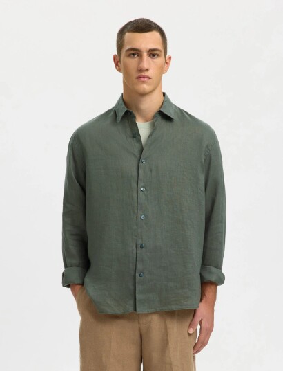 Selected Slhregkylian Linen Ls Shirt Khaki green XL