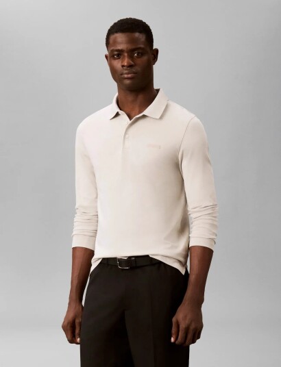 Calvin Klein Ls Slim Supima Logo Patch Polo Beige L