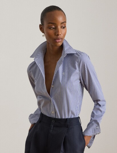 Lauren Women Classic Fit Striped Cotton Shirt Blue XXXL