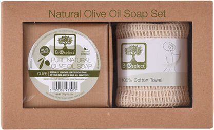 Bioselect Set Handmade Olive Oil Såpe+Eksfolierende 100% bomull 1 Pakke