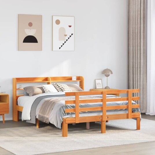 Sengeramme med hodegavl voksbrun 140x190 cm heltre furu 3306867