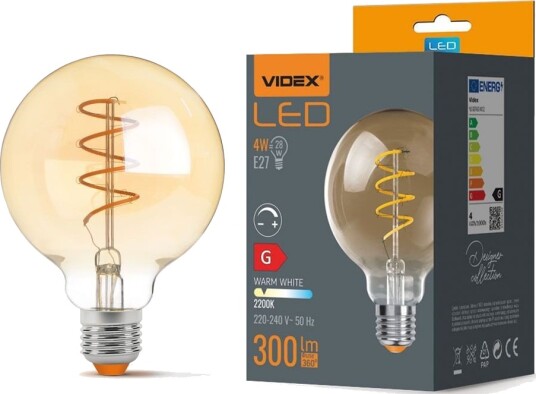 Videx E27 4W dimbar LED pære G95 spiral filament amber glass 2200K flicker free Dimbar : Dimbar Kulør : Ekstra varm Videx E27 4W dimbar LED pære G95 spiral filament amber glass 2200K flicker free Dimbar : Dimbar Kulør : Ekstra varm
