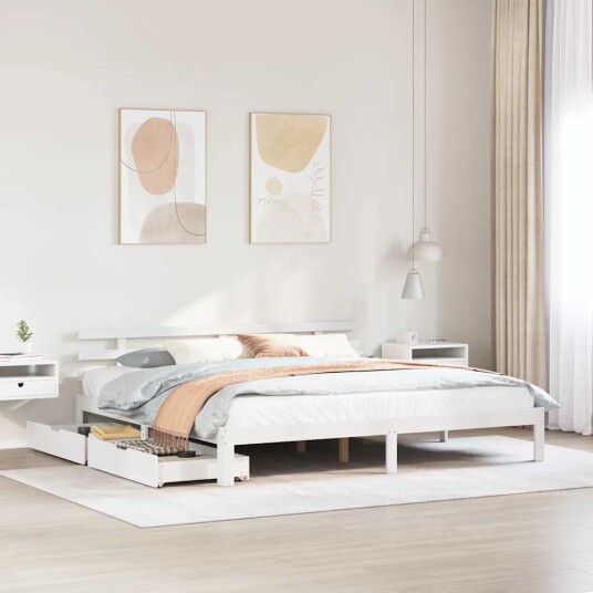  Sengeramme med skuffer hvit 180x200 cm heltre furu